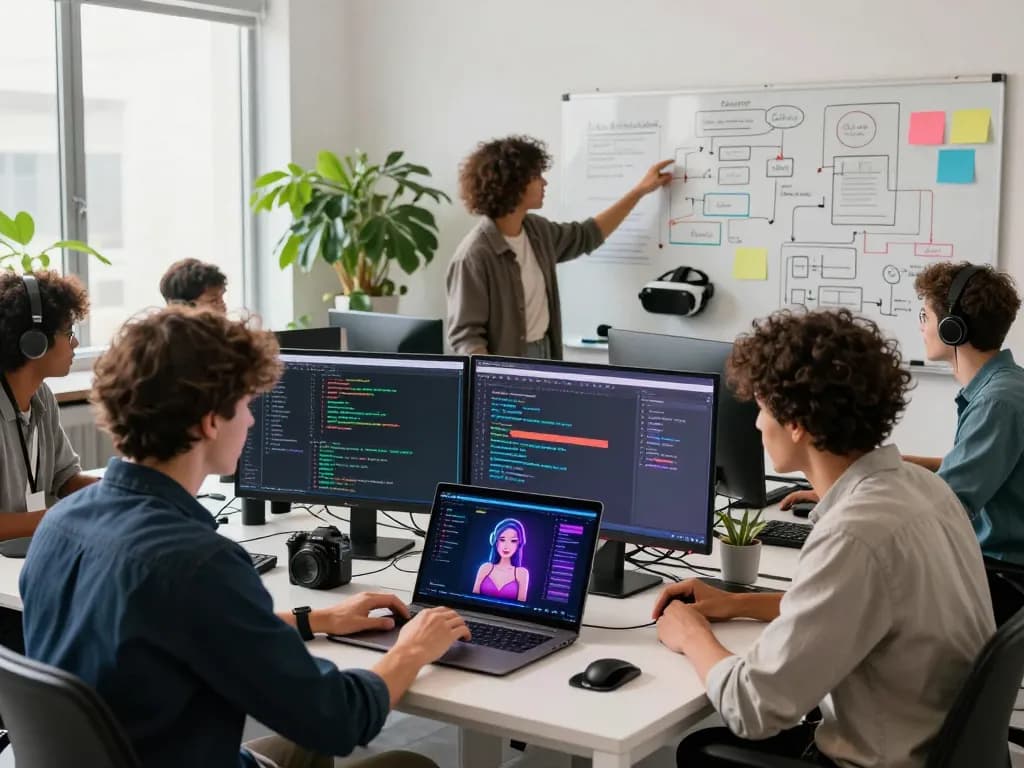 Interactive team collaborating on sex AI chat technology in a modern office.