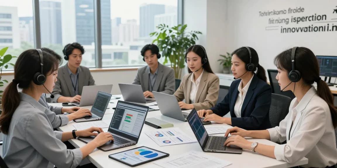 IT support businesses team analyzing solutions together in a modern office environment with laptops and analytics dashboards.