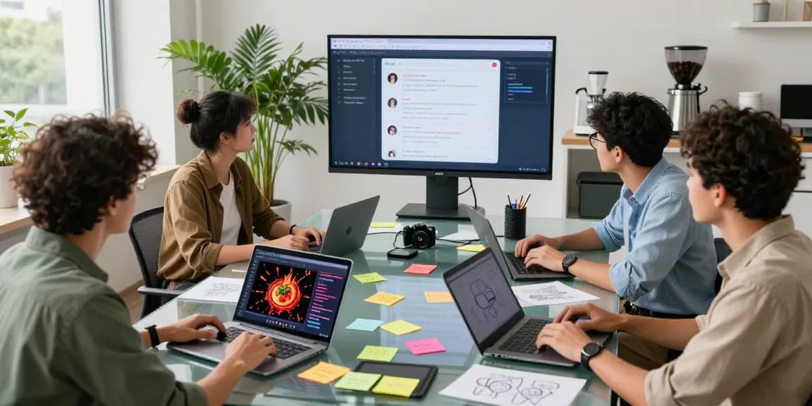 Creative team collaborating on spicy AI projects in a modern workspace, showcasing diverse professionals and innovative technologies.