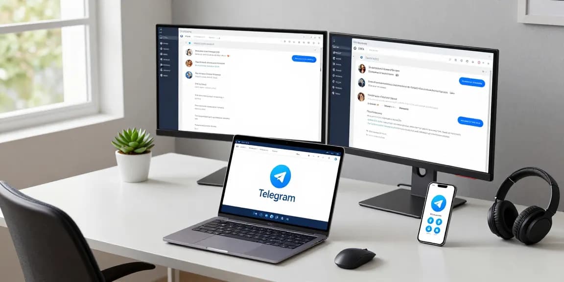 Using the Telegram web version on a sleek laptop at a modern workspace with dual monitors.