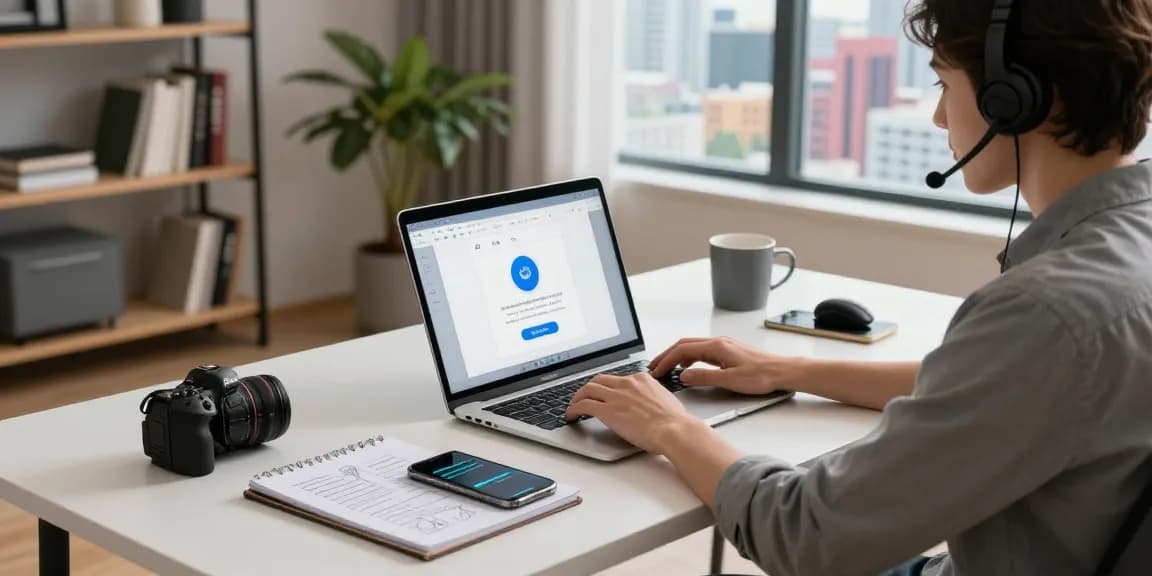 WPS Download in a modern home office with a focused user on a laptop, organized desk, and city view.