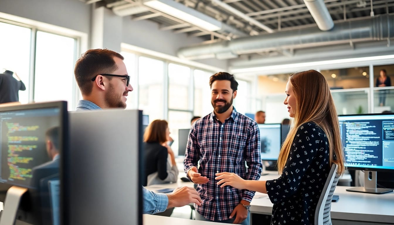 Showcasing an AI Software development team in action with dynamic interfaces.
