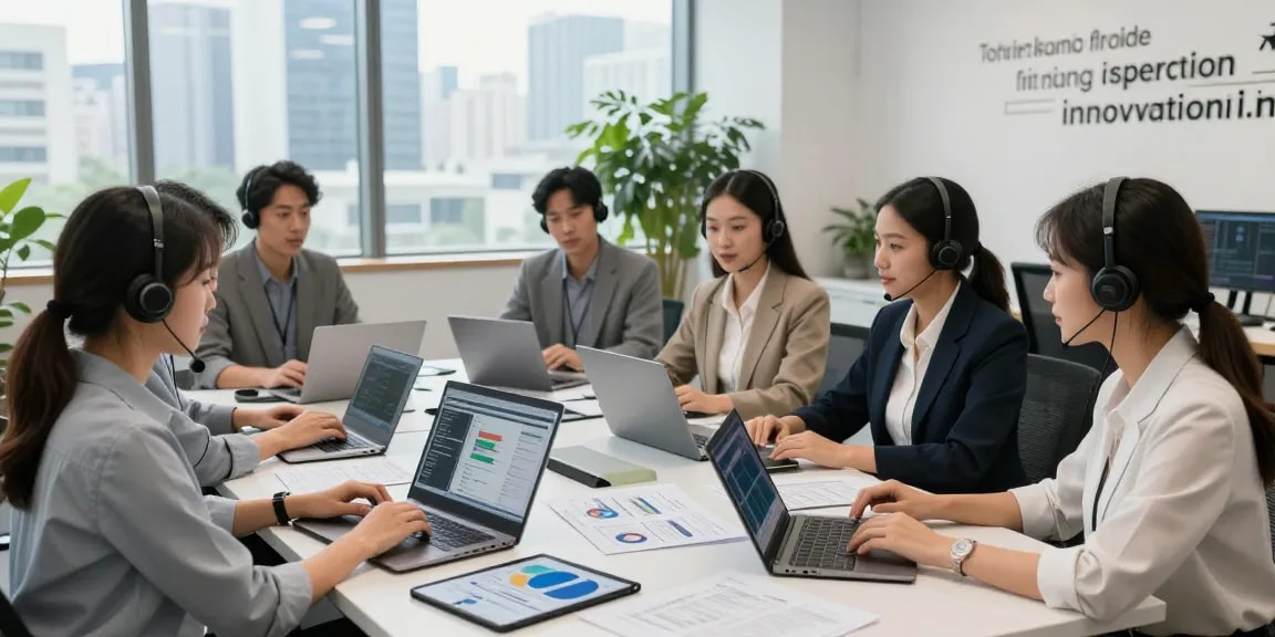 IT support businesses team analyzing solutions together in a modern office environment with laptops and analytics dashboards.