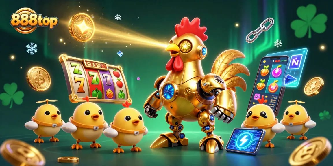 Engage with thrilling 888top casino fun as a golden rooster robot and chick drones deliver slot excitement.