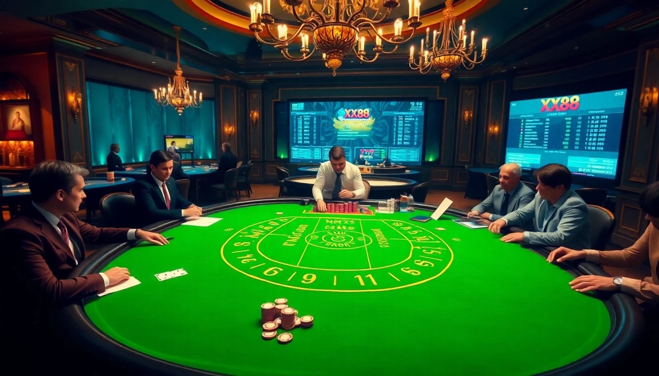 Players enjoying baccarat at XX88 casino, surrounded by vibrant casino atmosphere.