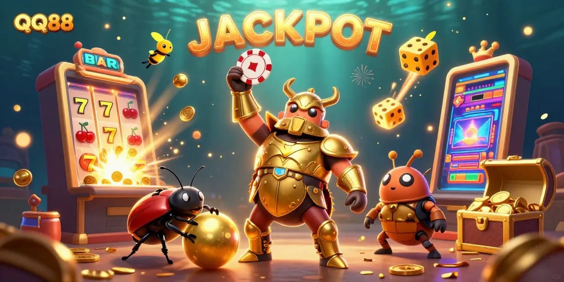 Experience thrilling gaming with QQ88's ultra-detailed jackpot scene featuring vibrant characters and casino elements.