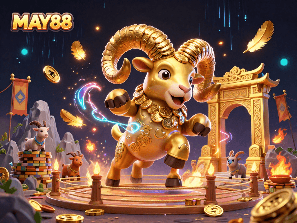 Bet on MAY88 as a golden ram charges through a vibrant casino arena filled with coins and energy.