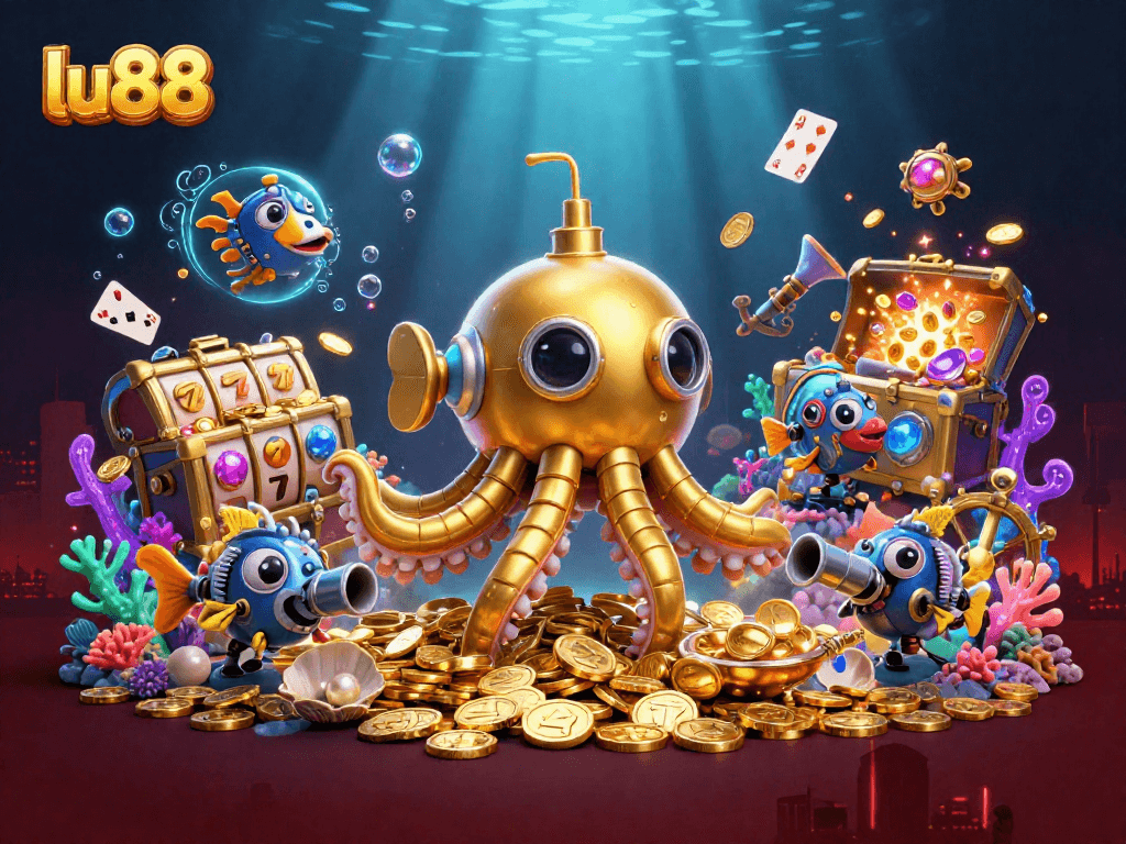 Join the excitement with lu88 as the kraken submarine navigates a vibrant underwater casino scene.