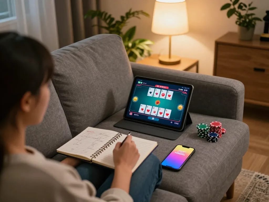 Enjoying a thrilling F8 BET online poker game on a tablet from a cozy home setting.