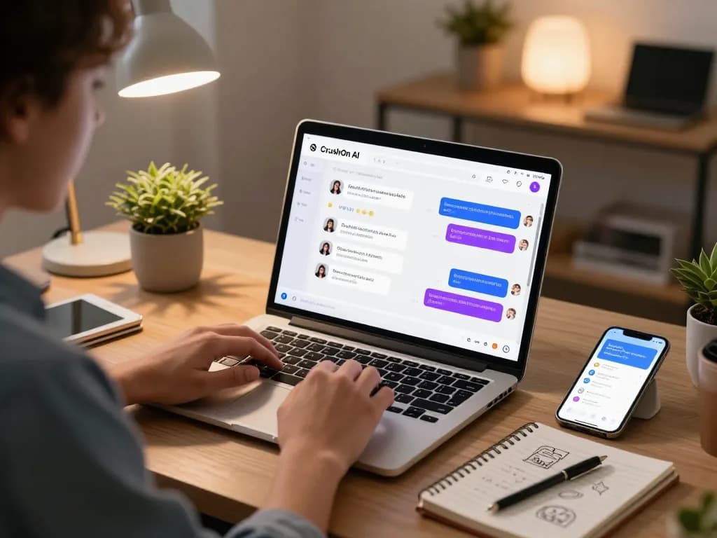 User interacting with CrushOn AI on laptop in stylish home office, showcasing vibrant AI character chats.