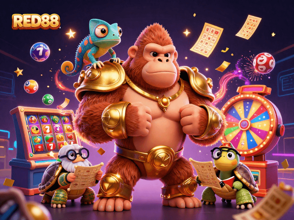 Experience the thrill of RED88's games with a dynamic casino illustration featuring a powerful gorilla king and colorful gaming elements.