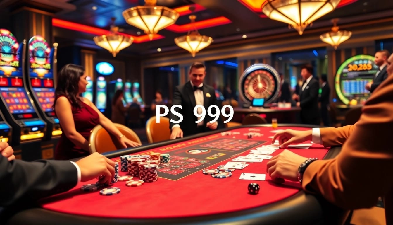 Exciting gambling scene at PS 99 casino with poker players and slot machines.