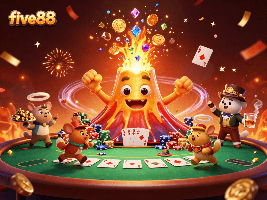 Experience excitement at five88 with a golden volcano showering treasures, poker elements, and a festive atmosphere.