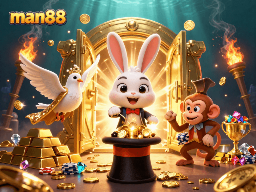 Engage in thrilling gaming experiences with man88 at a vibrant casino scene featuring magical elements.
