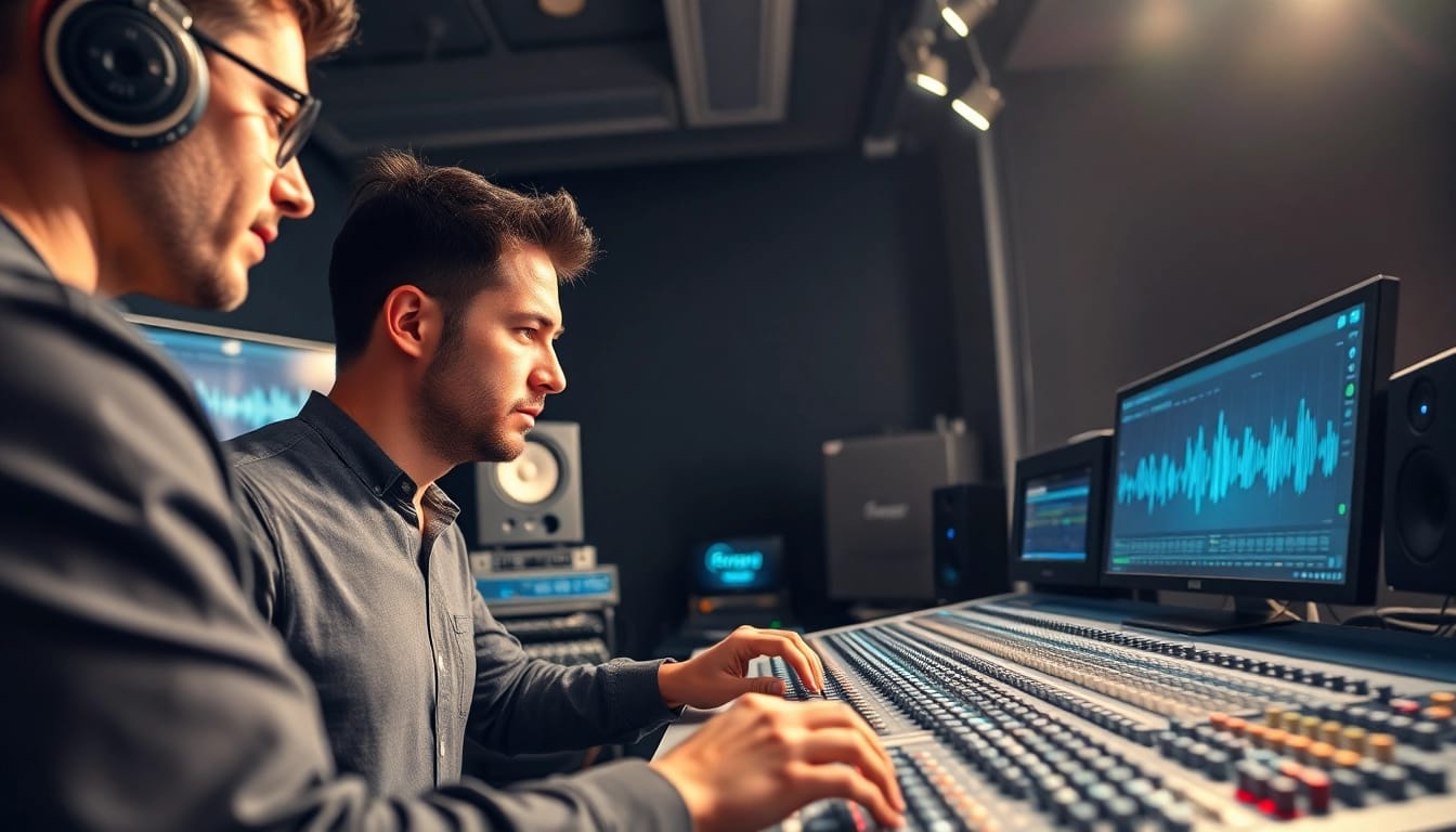 Engineers performing online audio mastering, highlighting precision in sound adjustment.