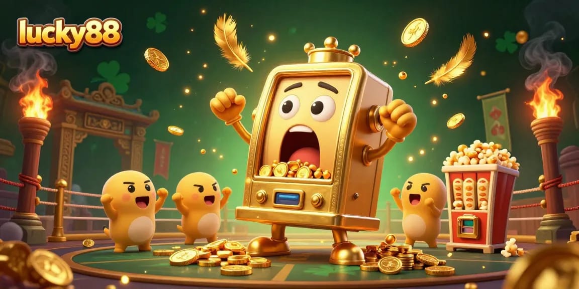 Engage in thrilling wins at lucky88 with animated slot machines celebrating jackpots and gold coins.