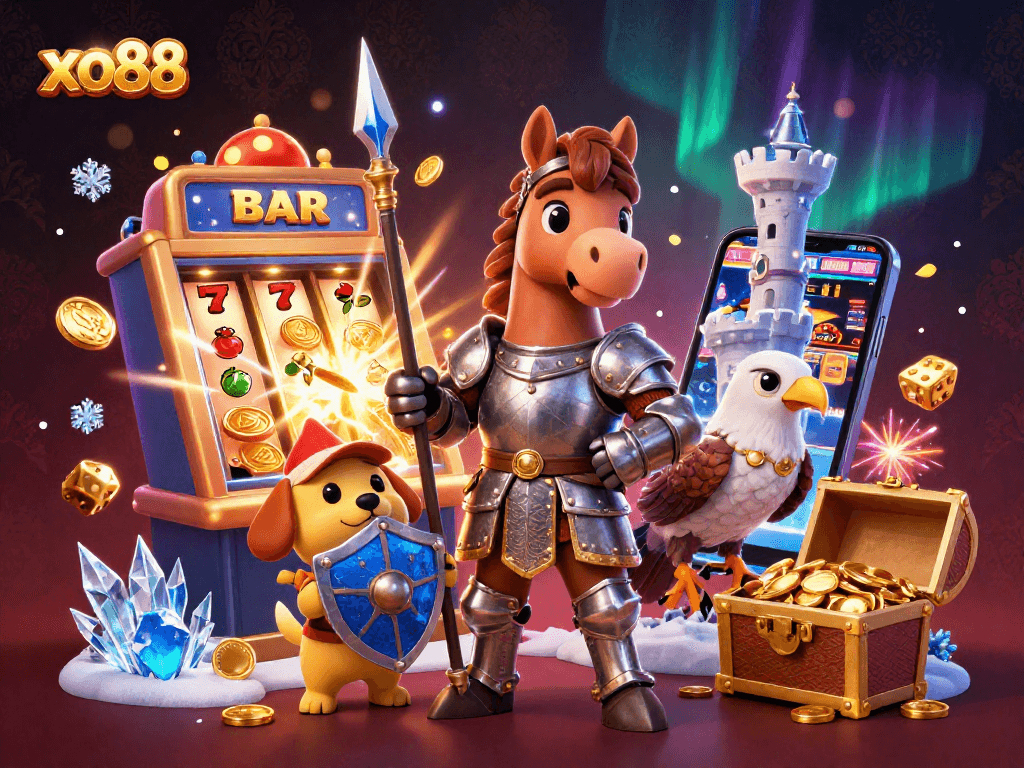 Experience excitement at xo88 with a knight, squire, and falcon in a colorful jackpot explosion.