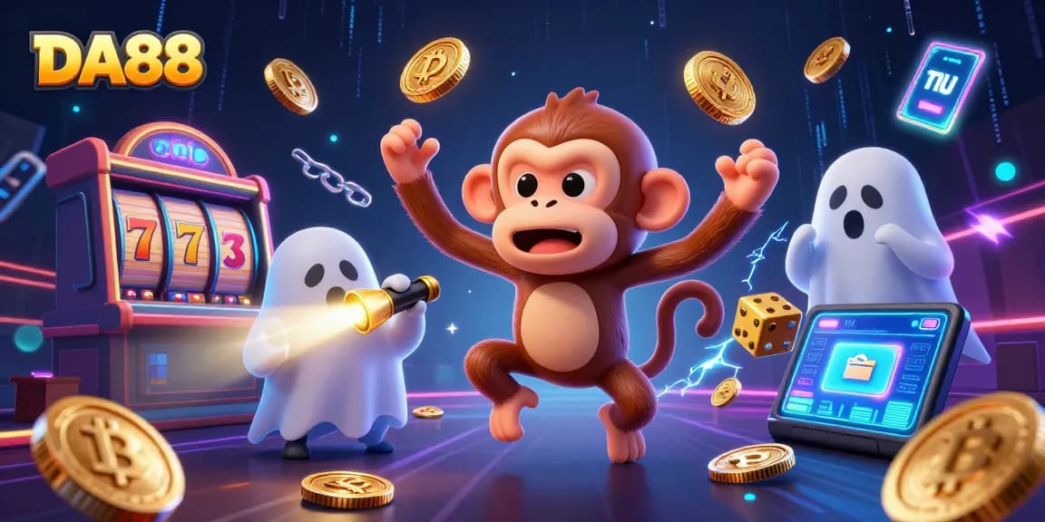 DA88 showcases a mischievous monkey and ghost-hunter puppy in a haunted casino setting.