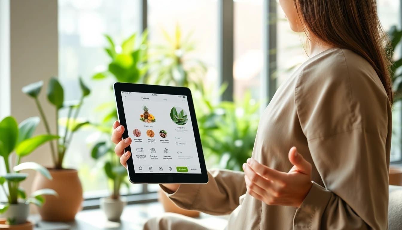 Engaging features of Ayurveda Mobile App showcased by a practitioner in a serene environment.