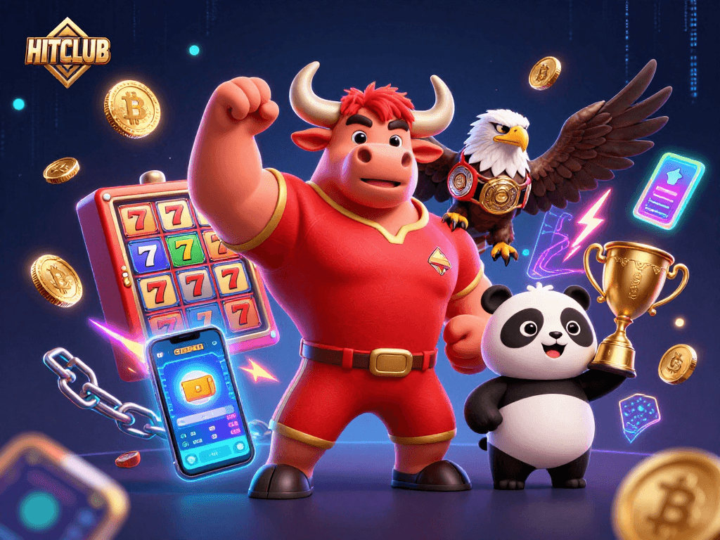 HITCLUB games come alive with a victorious bull mascot and vibrant casino elements illuminating the action.