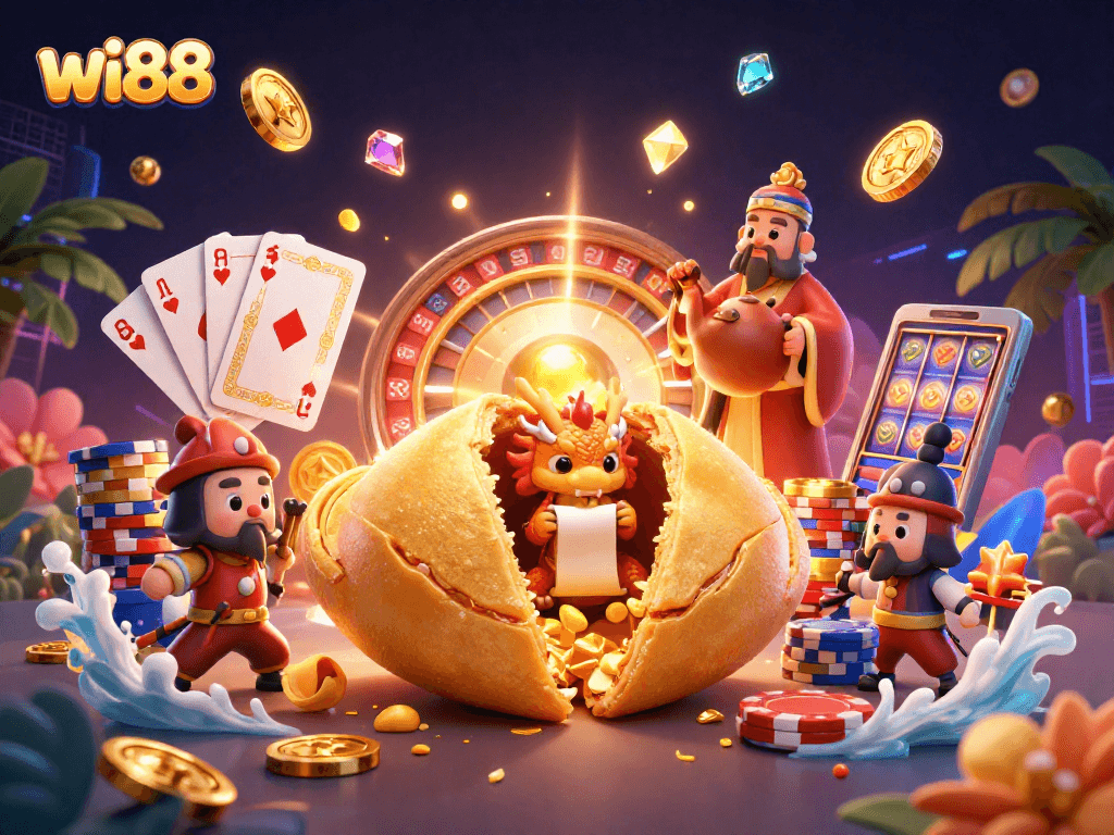 Experience the thrilling world of wi88 with a golden fortune cookie and casino gems.