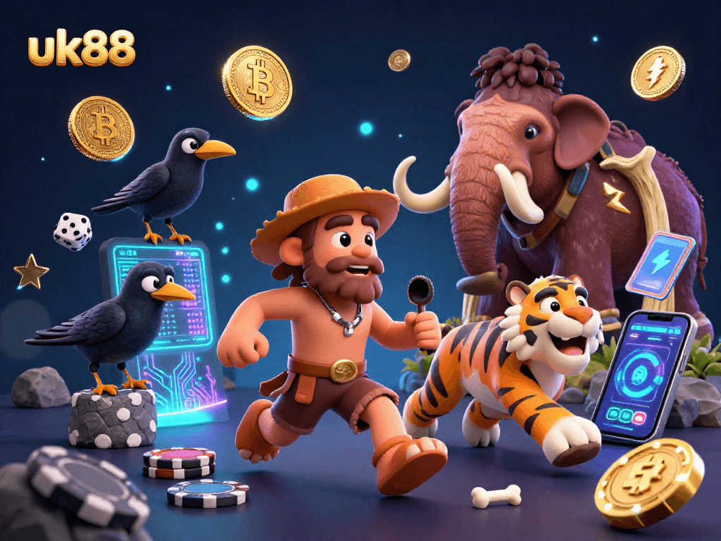 Join the action at uk88's thrilling prehistoric casino with vibrant characters and neon cryptocurrency elements.