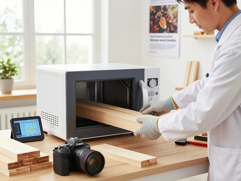 Dimostrazione del dispositivo microonde antitarlo in un laboratorio di controllo dei parassiti, che mostra un trattamento efficace per il legno.