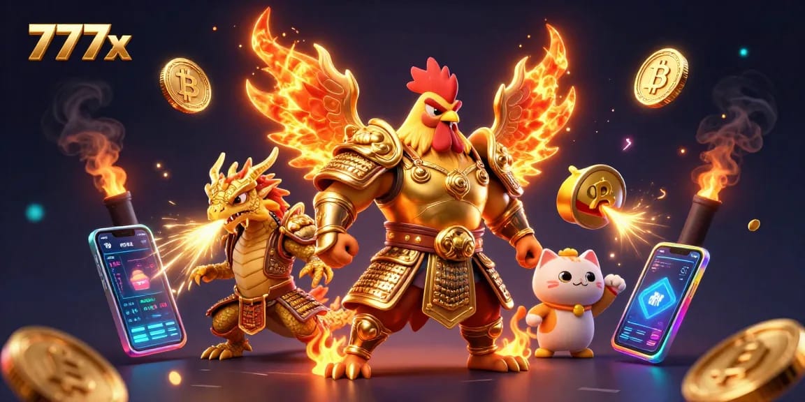 Engage with 777x's action-packed gaming scene featuring unique characters and vibrant digital elements.