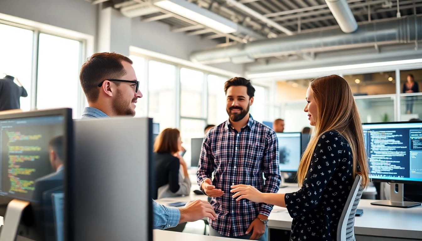 Showcasing an AI Software development team in action with dynamic interfaces.