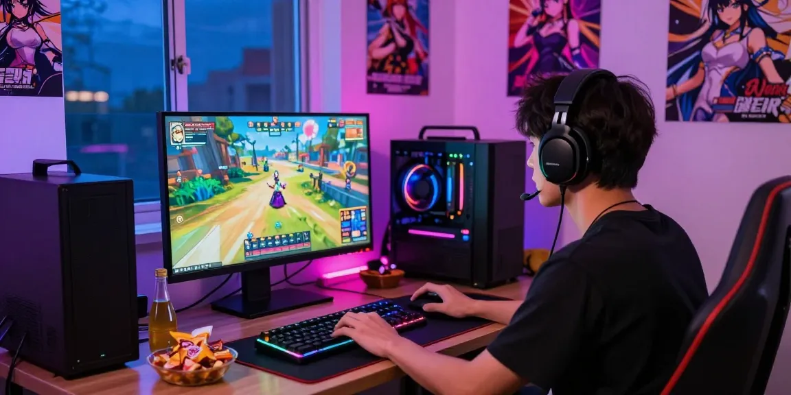 Exciting gamer engaged in free hentai games with colorful gameplay displayed, creating an immersive gaming atmosphere.