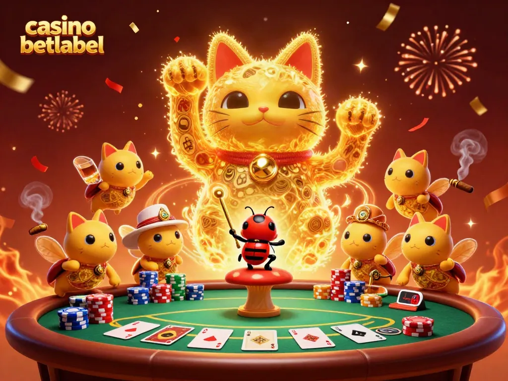 Engage with vibrant casino betlabel action as golden fireflies form a lucky cat surrounded by poker elements.