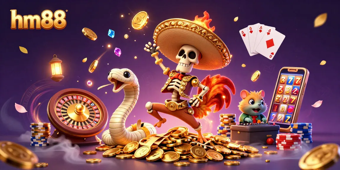 Experience thrilling gameplay with hm88 as a cartoon mariachi celebrates wins amidst golden coins and vibrant casino elements.