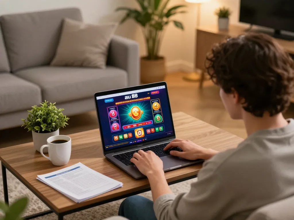 Engaging home gaming scene with a player focused on the au 88 casino interface