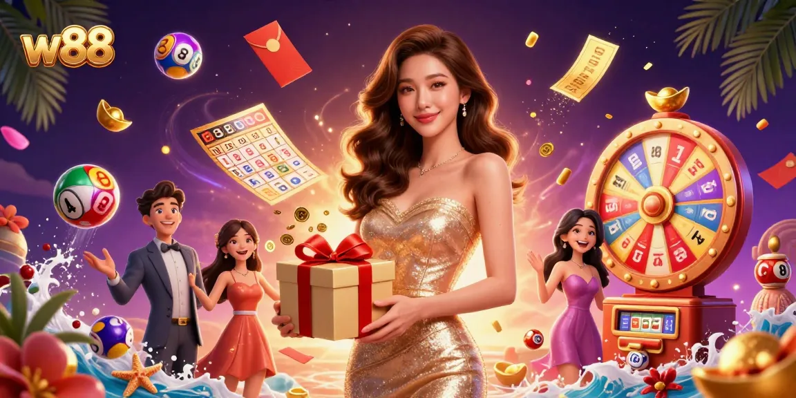 Win big with w88 in a vibrant Lunar New Year themed 3D casino illustration overflowing with festive elements.