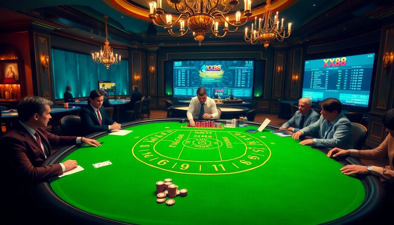 Players enjoying baccarat at XX88 casino, surrounded by vibrant casino atmosphere.