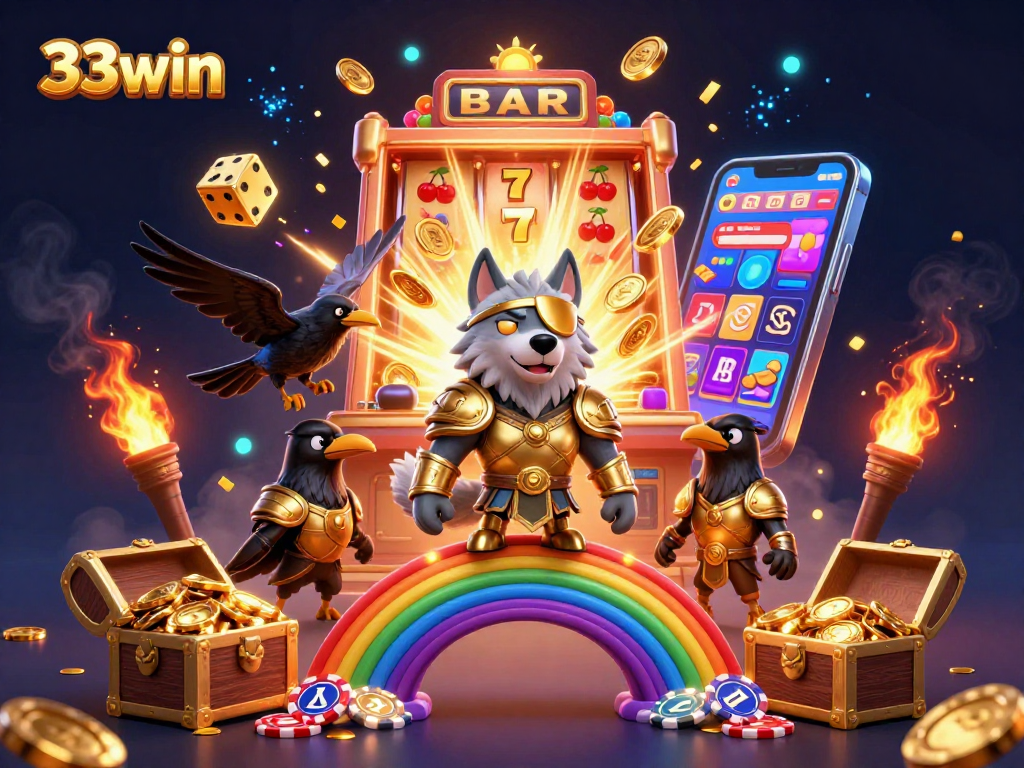 33win illustrates a vibrant 3D casino scene showcasing epic Norse mythology characters with a jackpot slot theme.