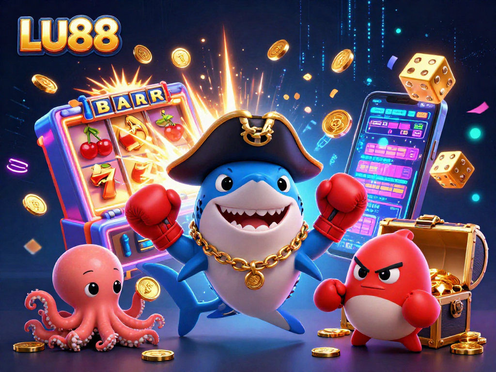 LU88's 3D pirate shark and pufferfish boost jackpot excitement in this vibrant casino artwork.