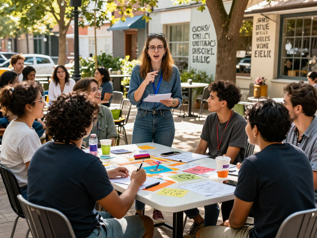 Diverse individuals at https://hustleoverentitlement.com outdoor gathering sharing their hustle stories of empowerment and collaboration.