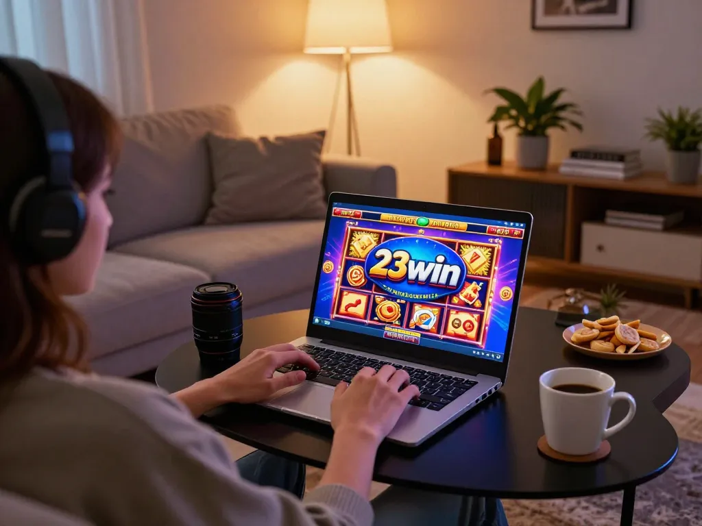 A player enjoying slots on 23win from a cozy home setup with snacks and warm lighting.