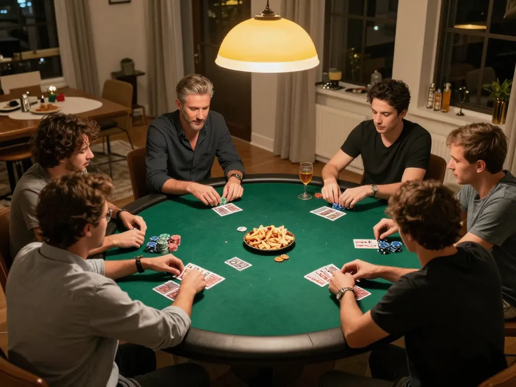 Players enjoying a friendly poker night showcasing MB66 strategy and engagement with cards and chips.