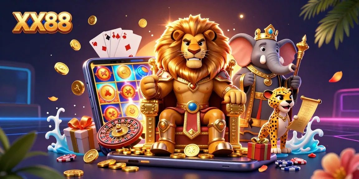 Play slots with XX88 in an exciting 3D casino scene featuring dynamic characters and game elements.