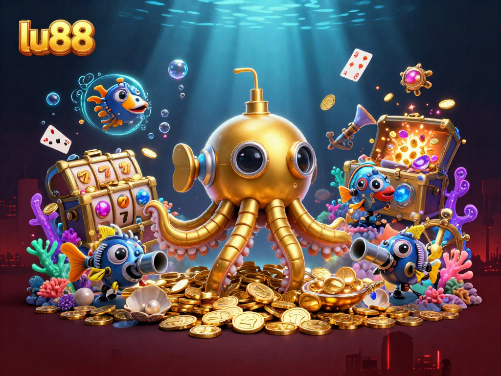 Join the excitement with lu88 as the kraken submarine navigates a vibrant underwater casino scene.