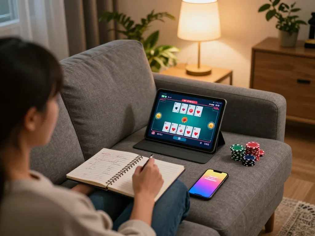 Enjoying a thrilling F8 BET online poker game on a tablet from a cozy home setting.