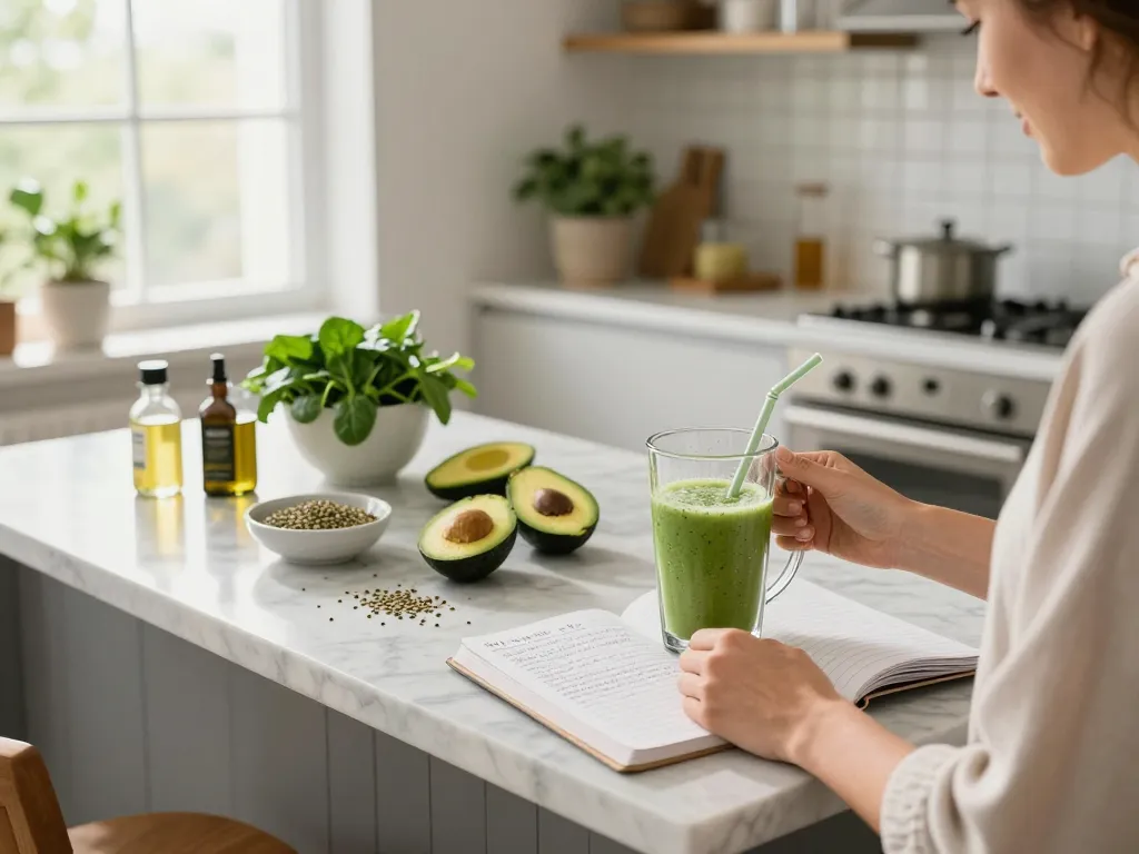 Sigarette elettroniche e olio di CBD in una cucina moderna con ingredienti freschi, promuovendo il benessere naturale.