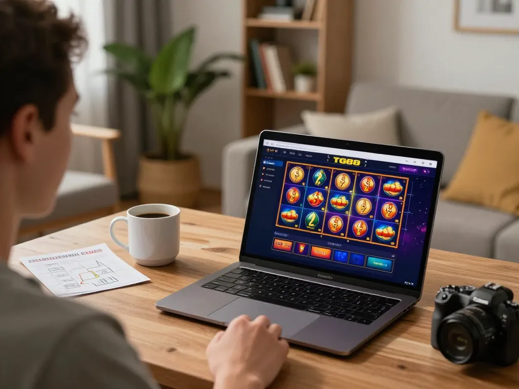 Player enjoying TG88 online gaming on a laptop in a cozy living room, emphasizing safe gambling.