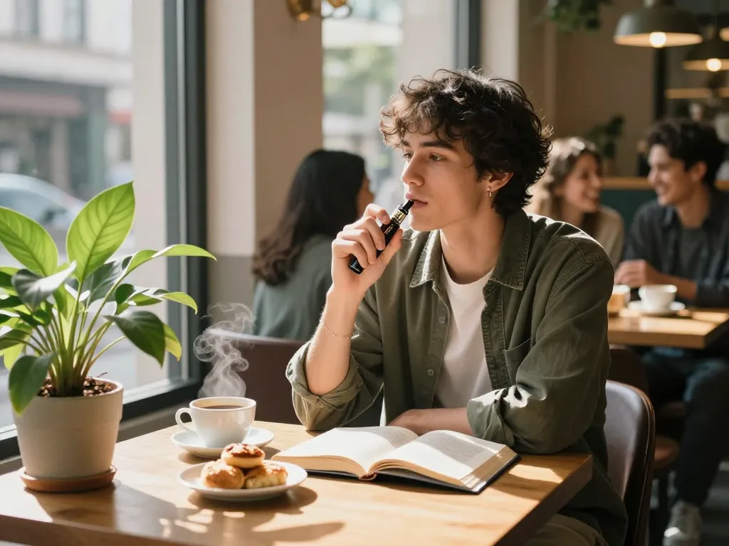 Persona che utilizza un vape pen THC in un accogliente caffè, godendosi un'atmosfera rilassata con caffè e dolci.