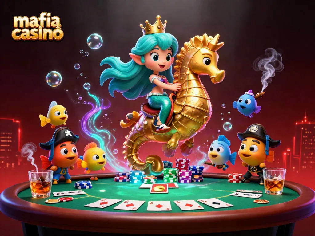 Mafia casinò offers a thrilling underwater casino adventure with a mermaid princess, poker table, and vibrant fish companions.