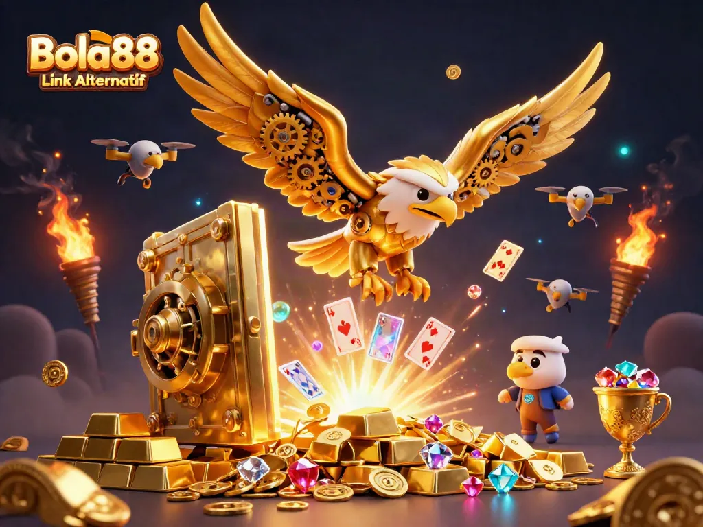 Experience the thrill of the Bola88 Link Alternatif with an exciting casino-themed illustration featuring a golden eagle soaring among holographic cards.