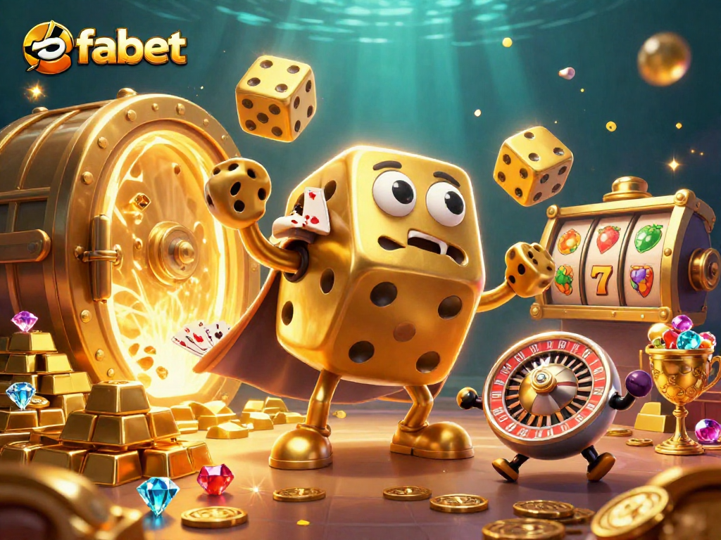 Experience the thrill with fabet's engaging 3D casino scene featuring golden dice and treasures.