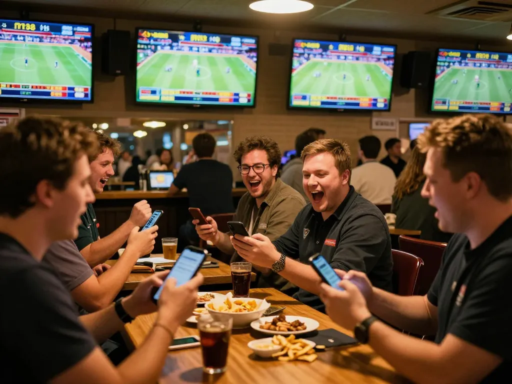 Excited sports bettors using mm 88 for live wagering in a vibrant bar atmosphere